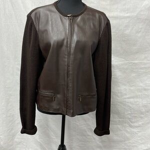 Sharon Young brown zipper front leather jacket with cable knit back in size L